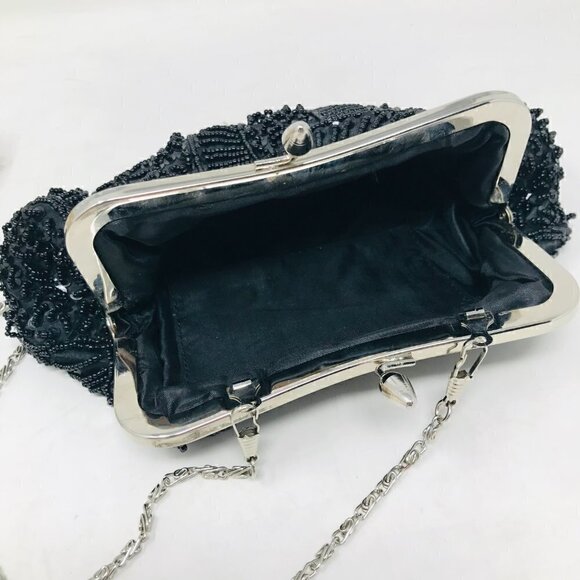Black Beaded Silver Kisslock Frame Chain Shoulder Evening Bag Purse - Picture 3 of 5
